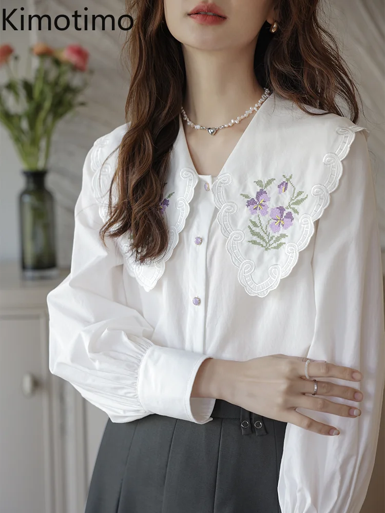 Kimotimo Embroidery Peter Pan Collar White Shirt Women 2024 New Sweet Loose Long Sleeve Tops French Elegant All Match Blouses