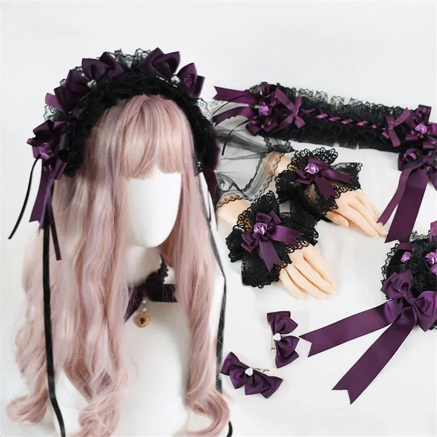 Gothic Black Purple Girl Headband Lolita Lace Bow Hairclip Women Hairpin Side Clip Hair Accessories B2315