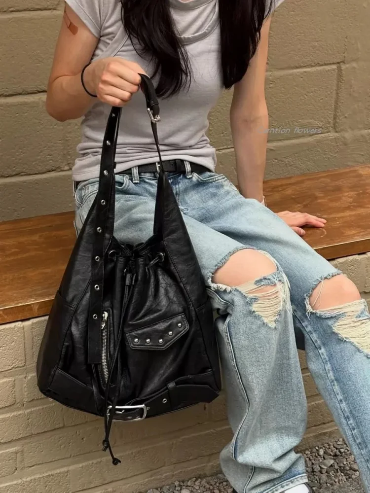 Drawstring Tote Bag Street-style Cool Large Capacity Casual Fashion Shoulder Bag Women