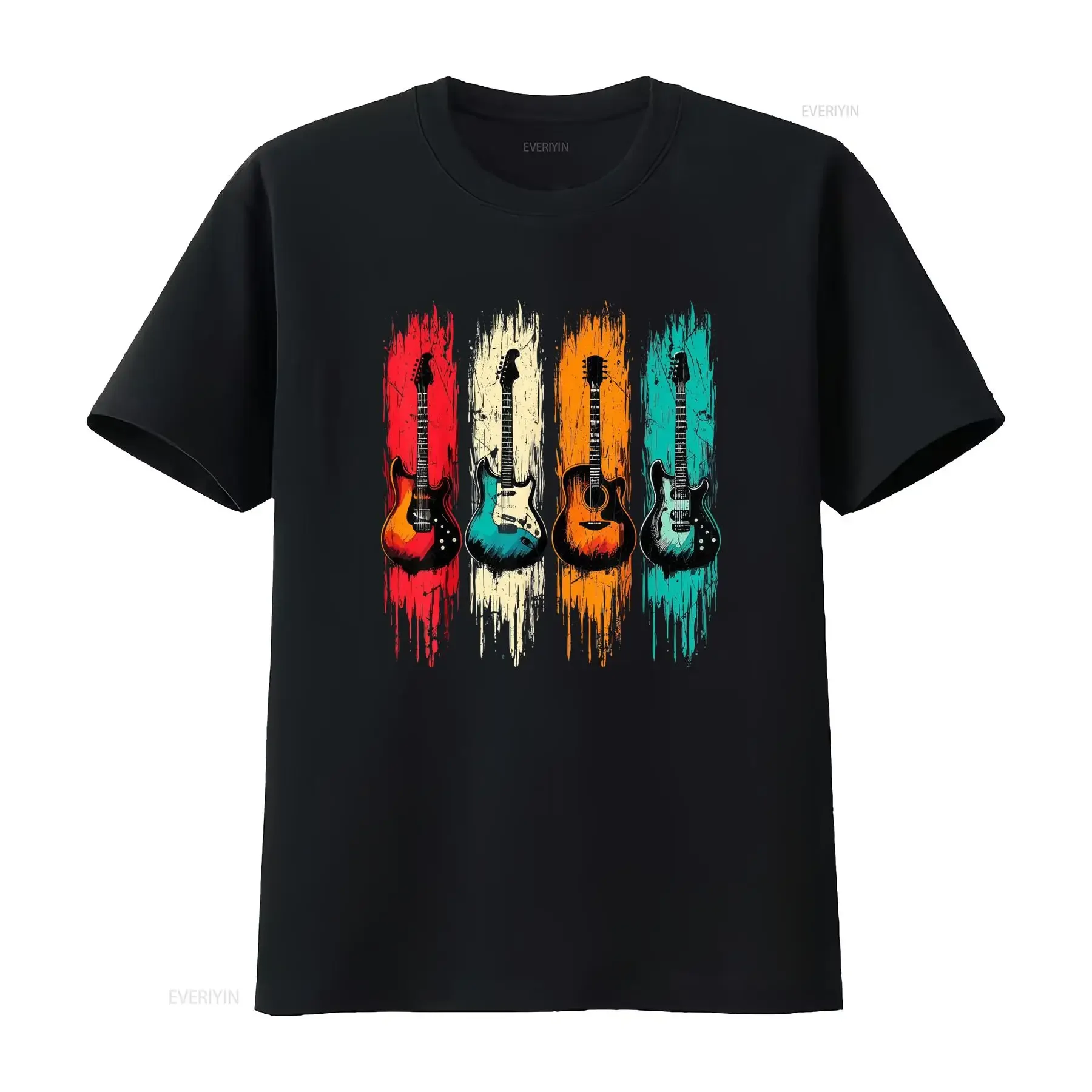 T shirt Chitarra Elettrica Vintage Pesante 180Gsm Stampa Rosso Arancione Turchese Stile Band Rock Classica Girocollo vintage