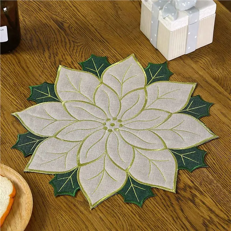 【LAST CHANCE】8X Holiday Christmas Embroidered Placemats Applique Poinsettia Placemats Christmas Flower Placemat B