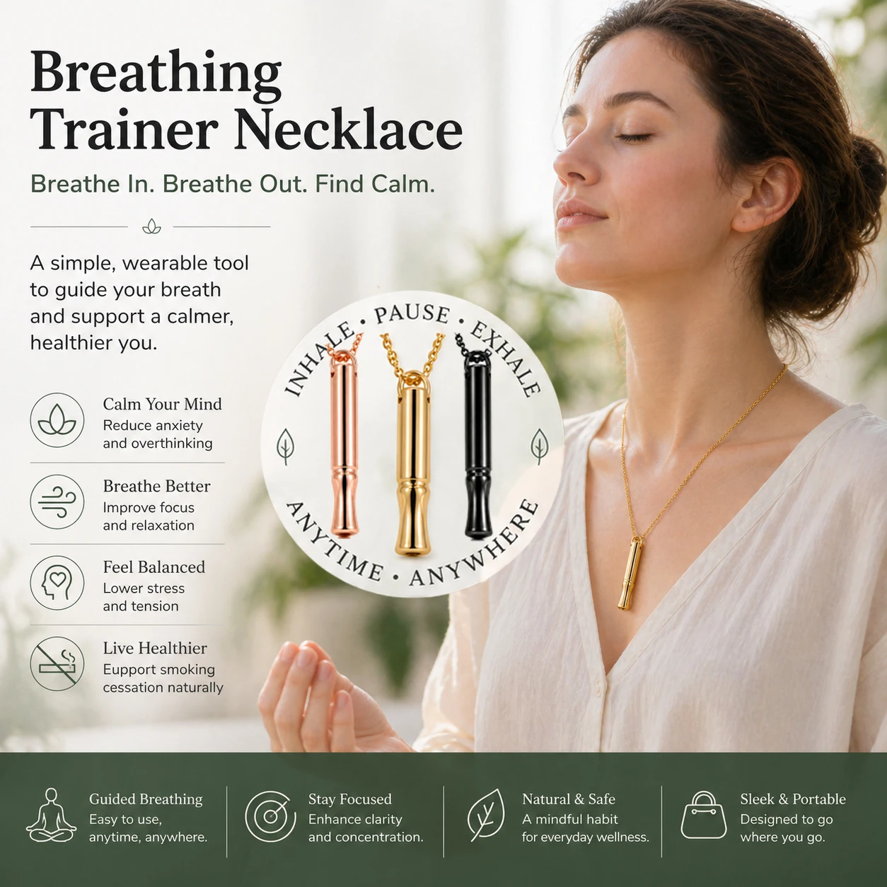 Collier de respiration par la pleine conscience, pendentif anti-stress en acier inoxydable, collier de respiration pour l'anxiété pour femmes et hommes