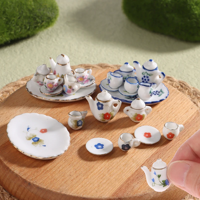 1Set 1:12 Scale Dollhouse Miniature Ceramic Tea Cup Set Porcelain Teapot Accessories for Doll House Kitchen Furniture Decoration