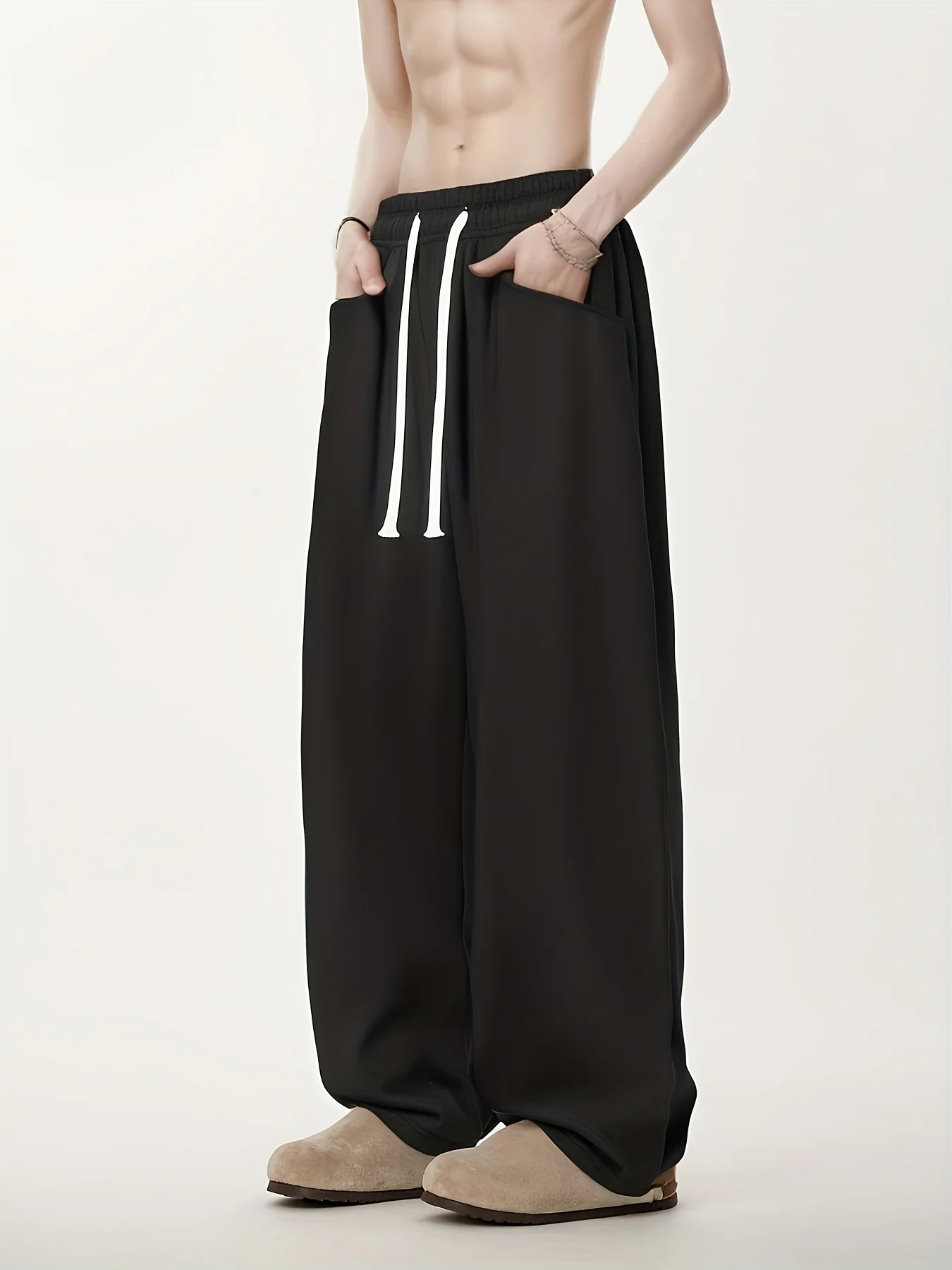 

Men's Casual Pants with Elastic Drawstring and Loose Waistband, Solid Color Pants with Side Pockets, Sporty and Street Style