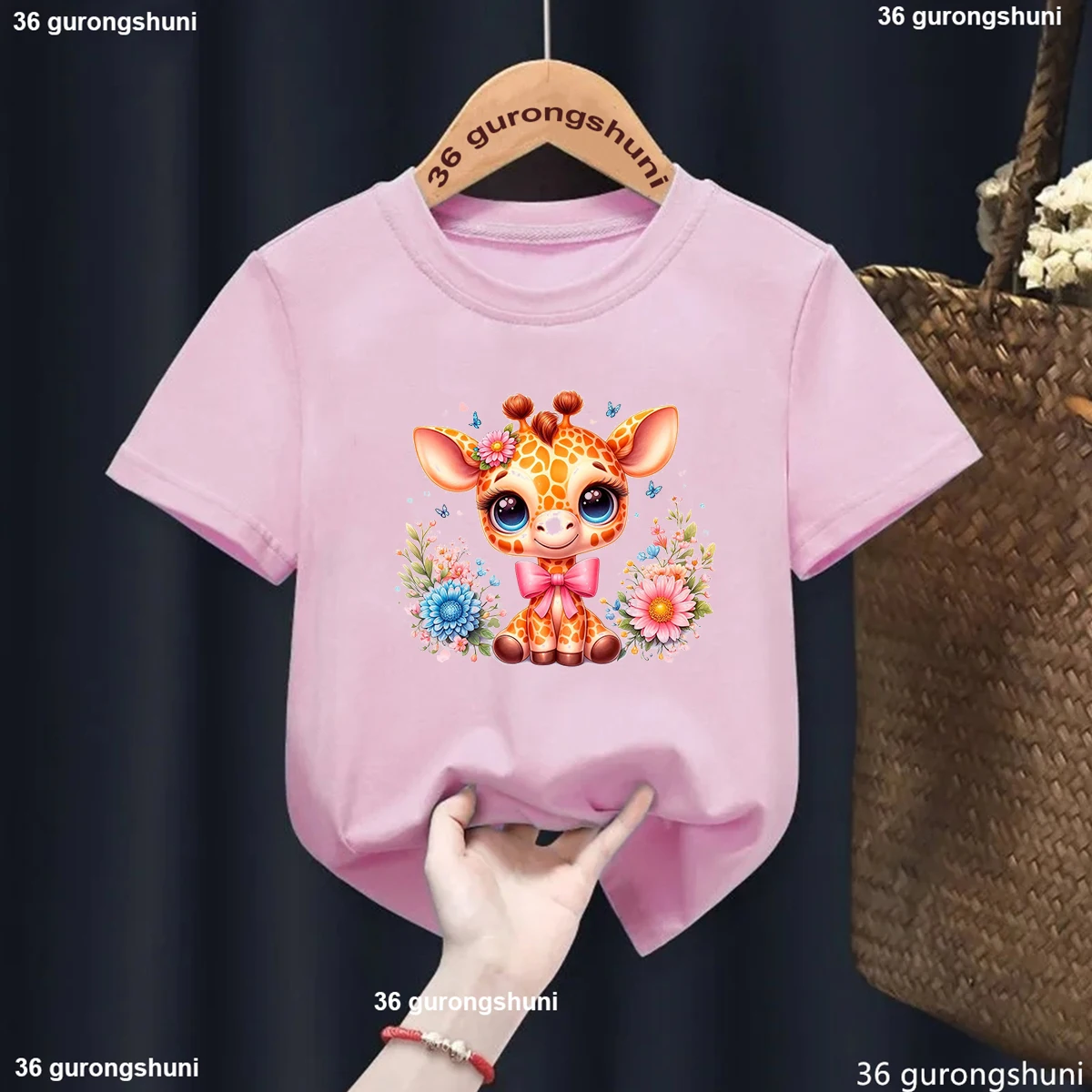 Kawaii Girls T-Shirt Watercolor Animal Giraffe Print T Shirt Kids Cute Girls Pink Short Sleeved Shirt Top Summer Toddler Tshirt