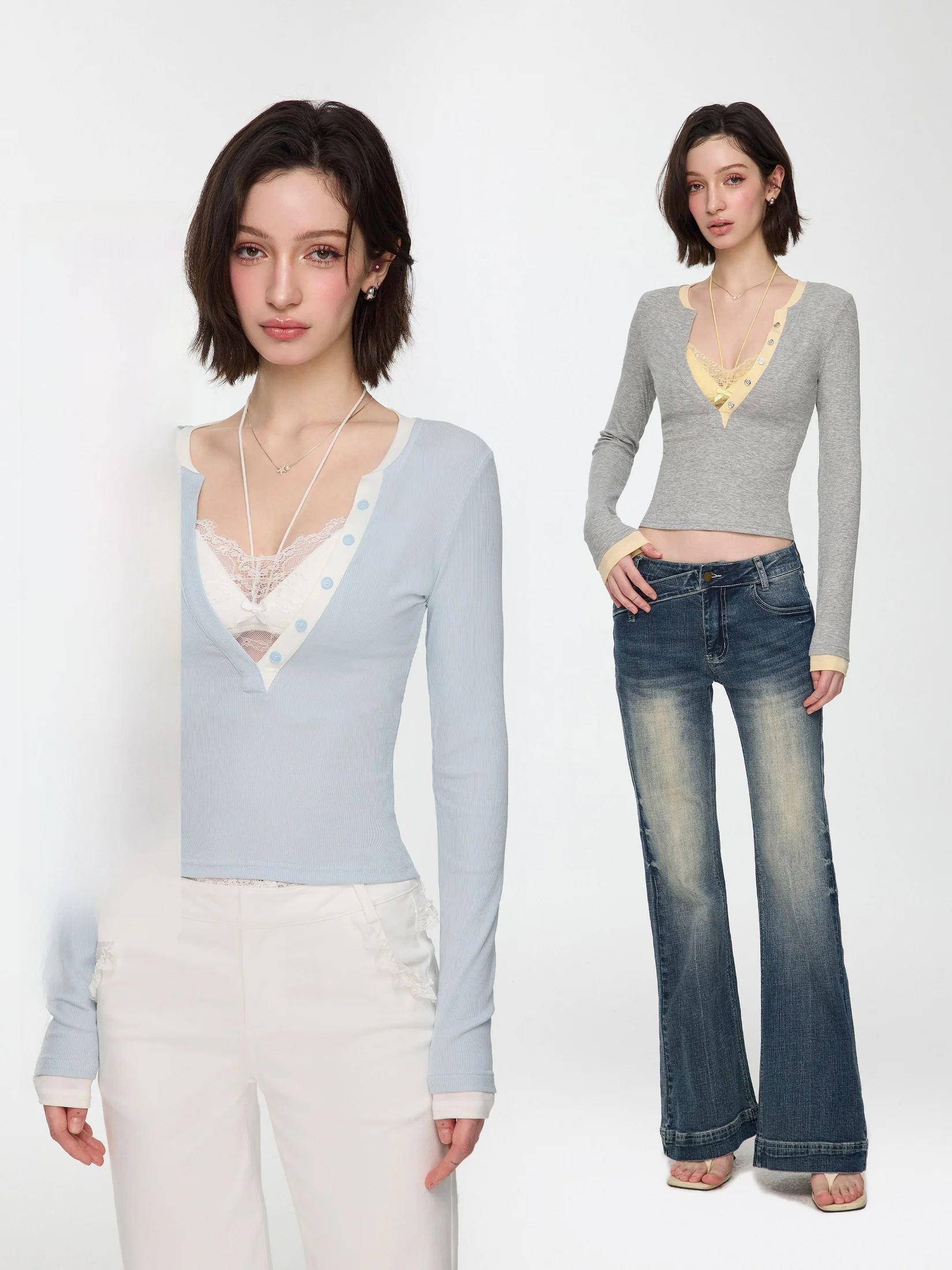 

Женская футболка M Studio Slim Fit с длинным рукавом и V-образным вырезом, дизайн с цветовыми блоками, весна-осень, топ из смесового хлопка и полиэстера