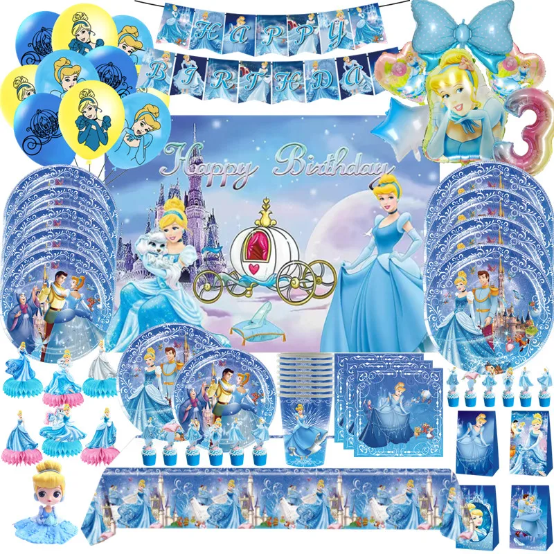 Disney Cinderella Party Decorations Princess Theme Tableware Set Balloons Cups Plates Napkins Tableclothes Girls Party Supplies