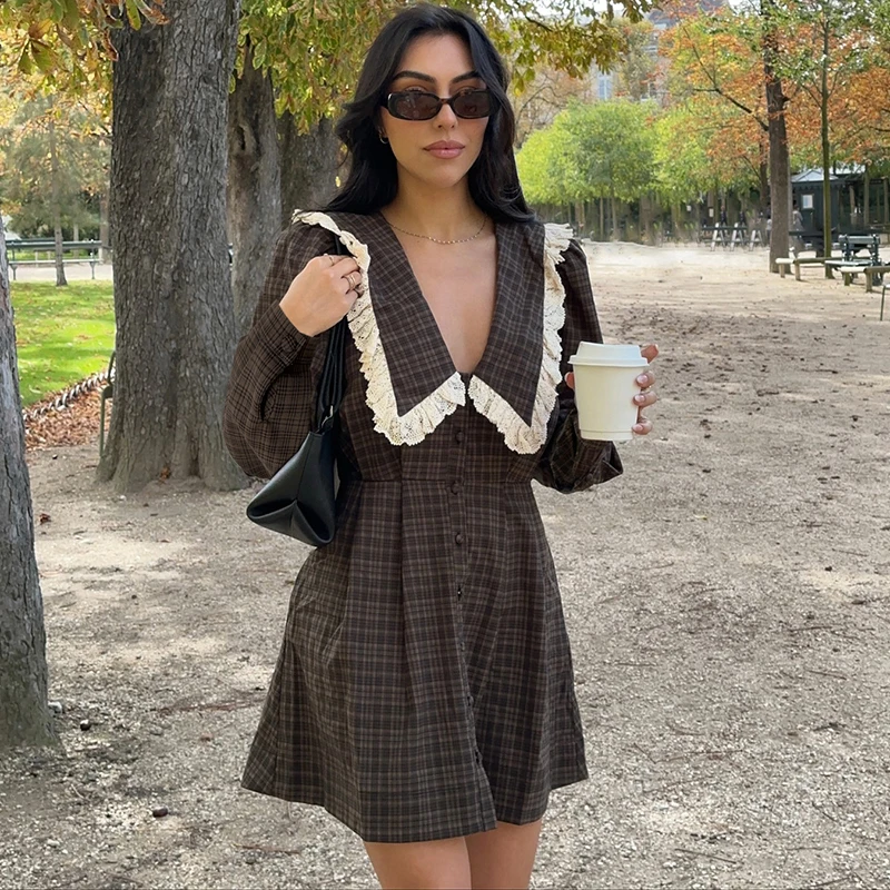Women's Casual Plaid Mini Dress with Lace Detail - 2026 Collection
