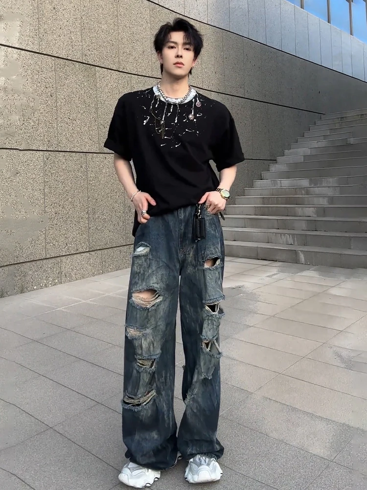 

Мужские летние тонкие джинсы с эффектом тай-дай и дырками, в американском ретро-стиле, широкие брюки в стиле Wasteland, повседневные брюки для парней в стиле Dirty Poor Boys