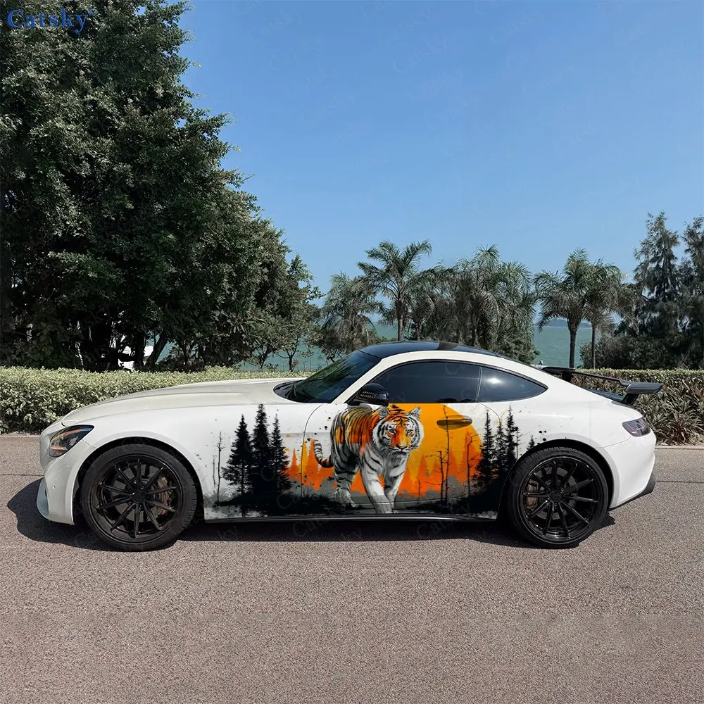 

2pcs Sunset Jungle White Tiger Car Side Wraps, Self-Adhesive PVC Waterproof & Scratch-Resistant Stickers, Car Accessory Gift