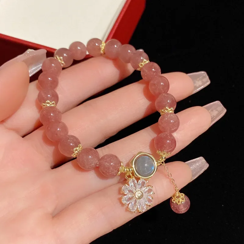 AngLang Zircon Flower Natural Strawberry Quartz/Moonstone Crystals Strand Beaded Bracelets for Women Fine Jewelry YBR705