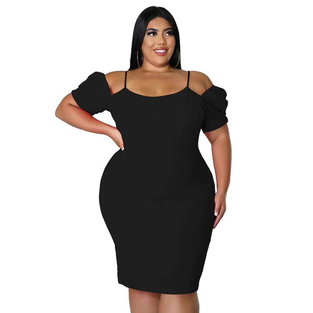 

2022 Plus Size Women's Dresses Fashion Sexy Solid Color Sling Backless Elegant Dress Off Shoulder Pile Sleeve Large Size Dress