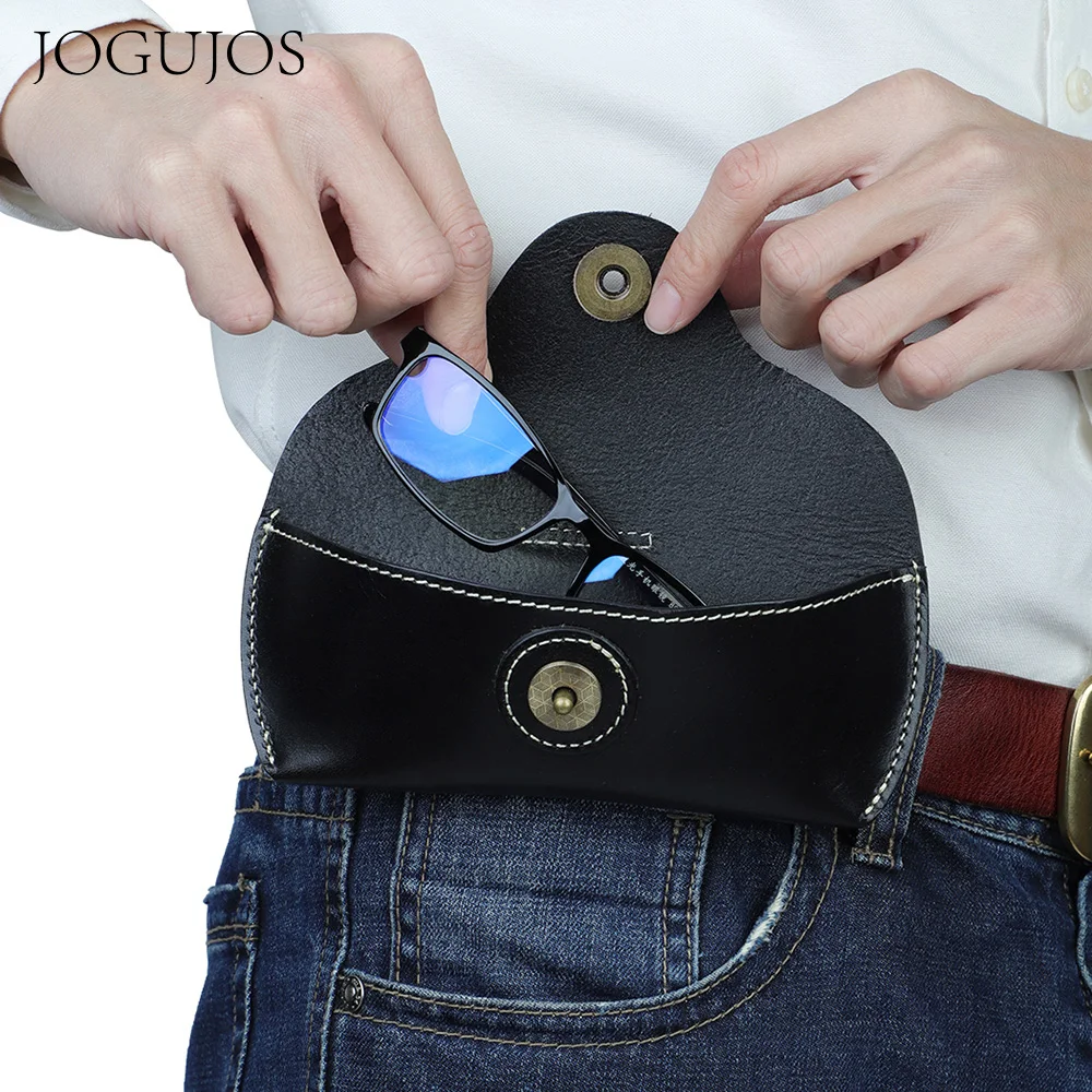 

JOGUJOS Genuine Cow Leather Eyewear Cases Cover for Sunglasses Women's Eyeglasses Case Men Reading Glasses Box With Metal Buckle