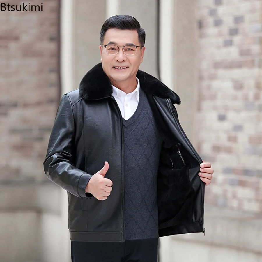 Men's Fur Collar Leather Jacket Oversize Winter Plush Thick Motorcycle PU Jacket Father Dad Outfit Black Faux Fur Collar Coats