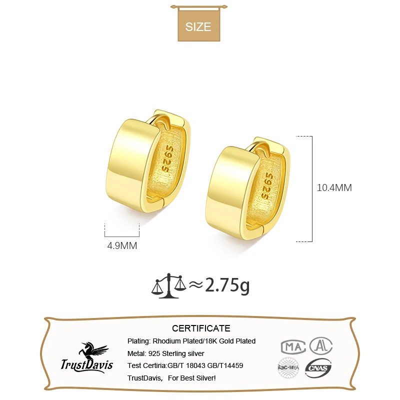 

TrustDavis Real 925 Sterling Silver Fashion Gold/Silver Square Hoop Earrings for Women Wedding Birthday Fine Jewelry