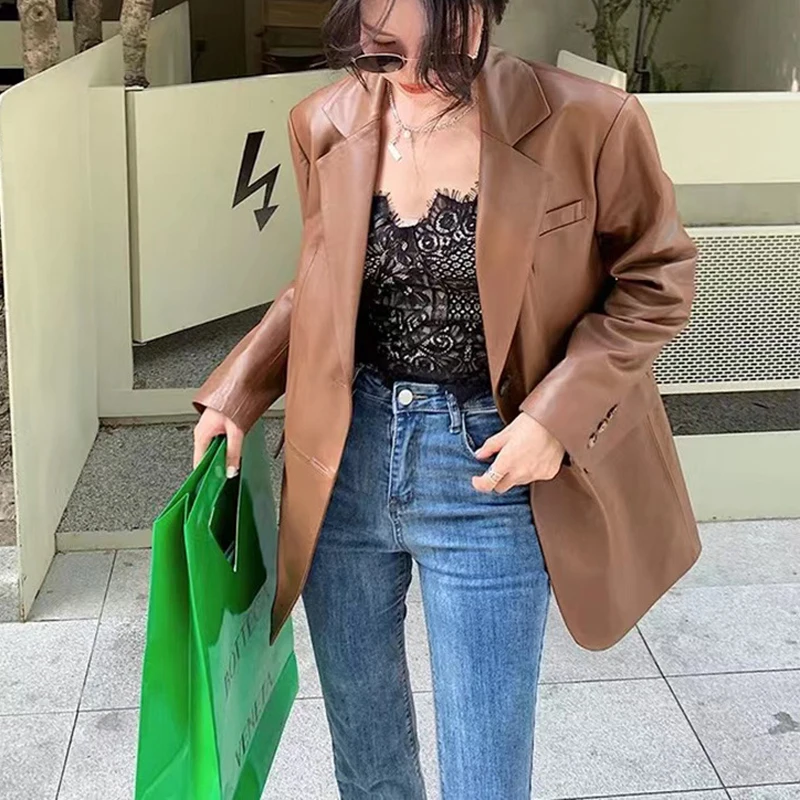 100% echtes Leder Frauen Oversize Stil Leder Blazer Jacken Mode Lässig Weiblichen Braunen A-ebene Schaffell Lose Anzug Mäntel