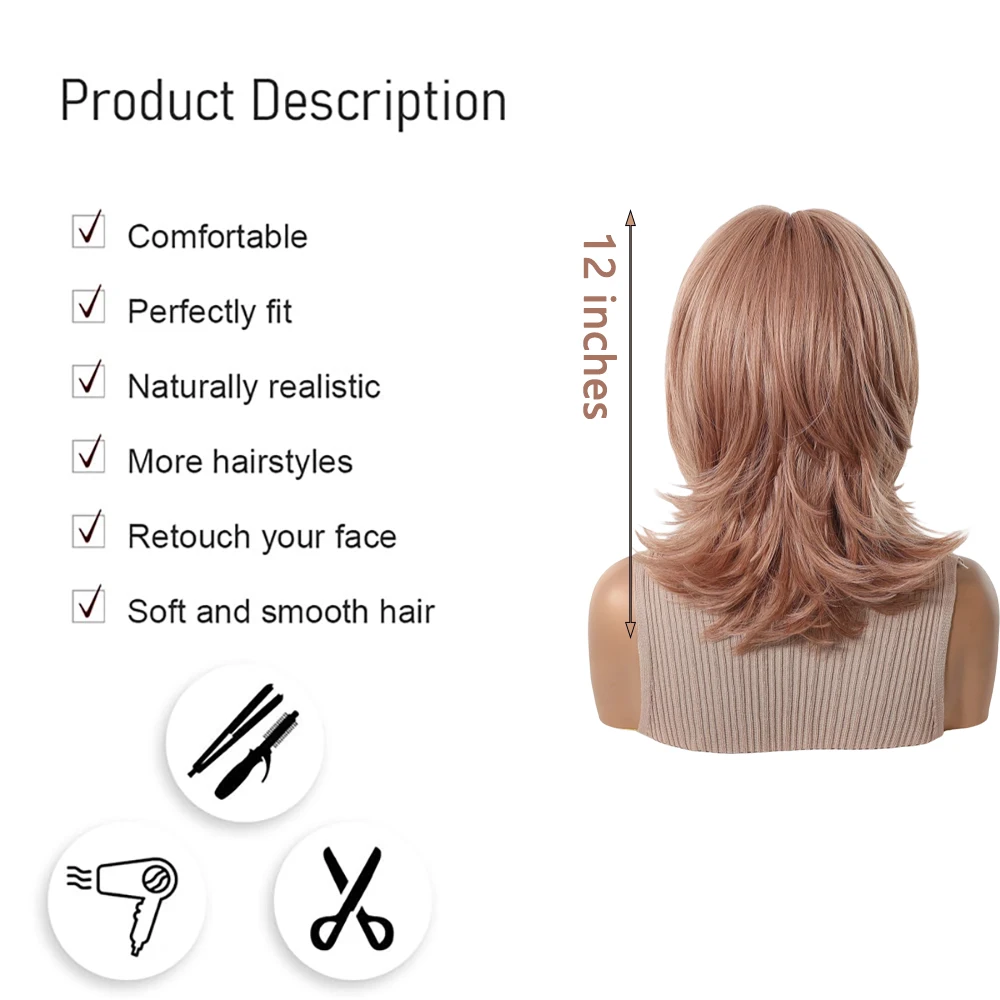 Women Synthetic Wig Shoulder Layered Wig with Bangs Dusty Pink Brown Heat Resistant Natural Looking For Daily Wear Party Cosplay