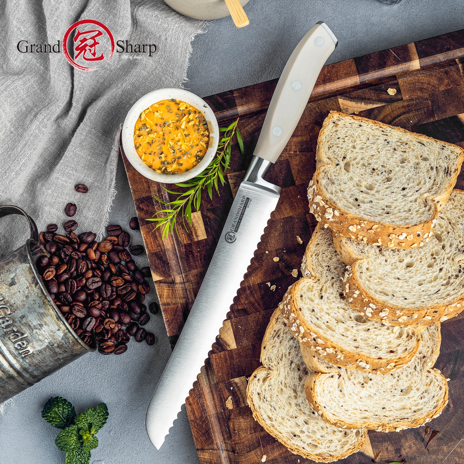 Grandsharp 8 Inch Bread Knife 7Cr18Mov Stainless Steel Serrated Blade White ABS Handle Slicing Cake Pastry Kitchen Chef Tool