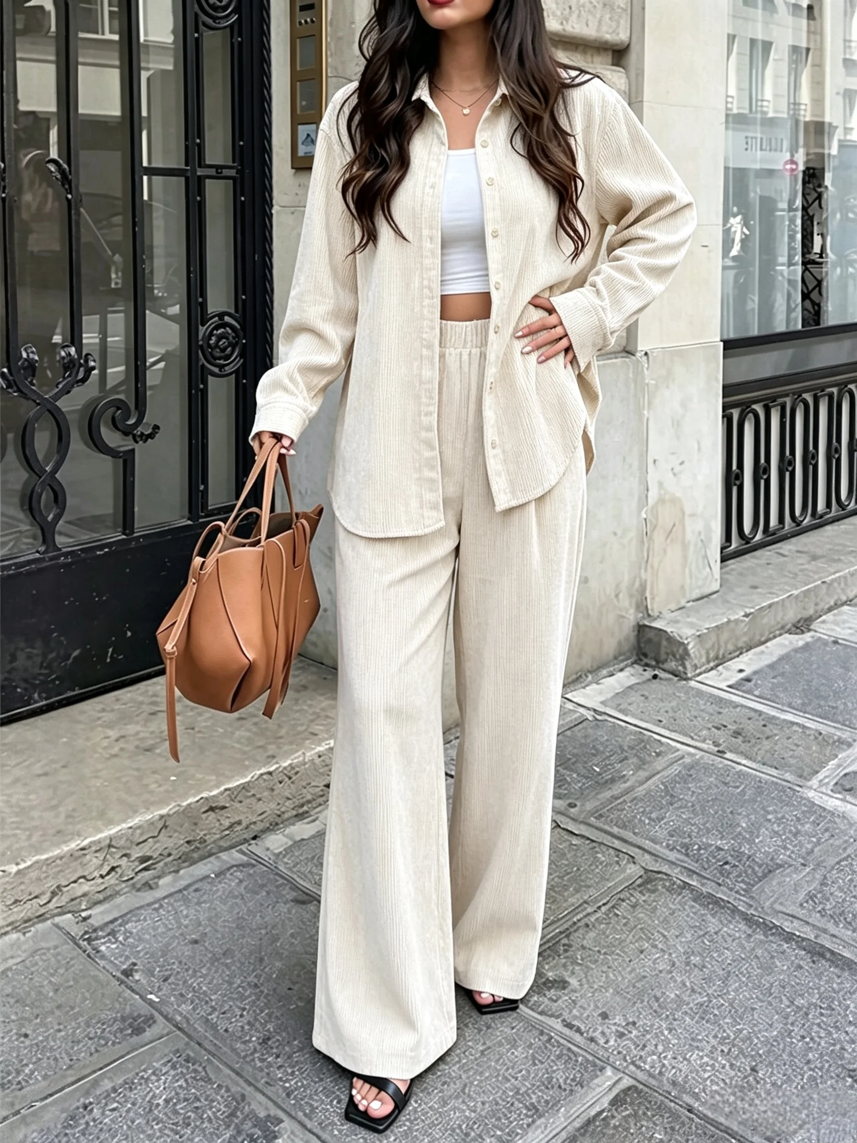 Plus Size Women 2 Piece Outfit Long Sleeve Button Down Shirt & Elastic Waist Wide Leg Pants Casual Lounge Set