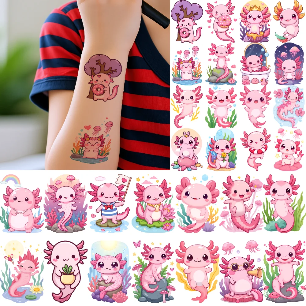 

63pcs Temporary Tattoo Cute Illustrations Waterproof Long-lasting Body Stickers Axolotl Characters Temporary Tattoo Stickers For