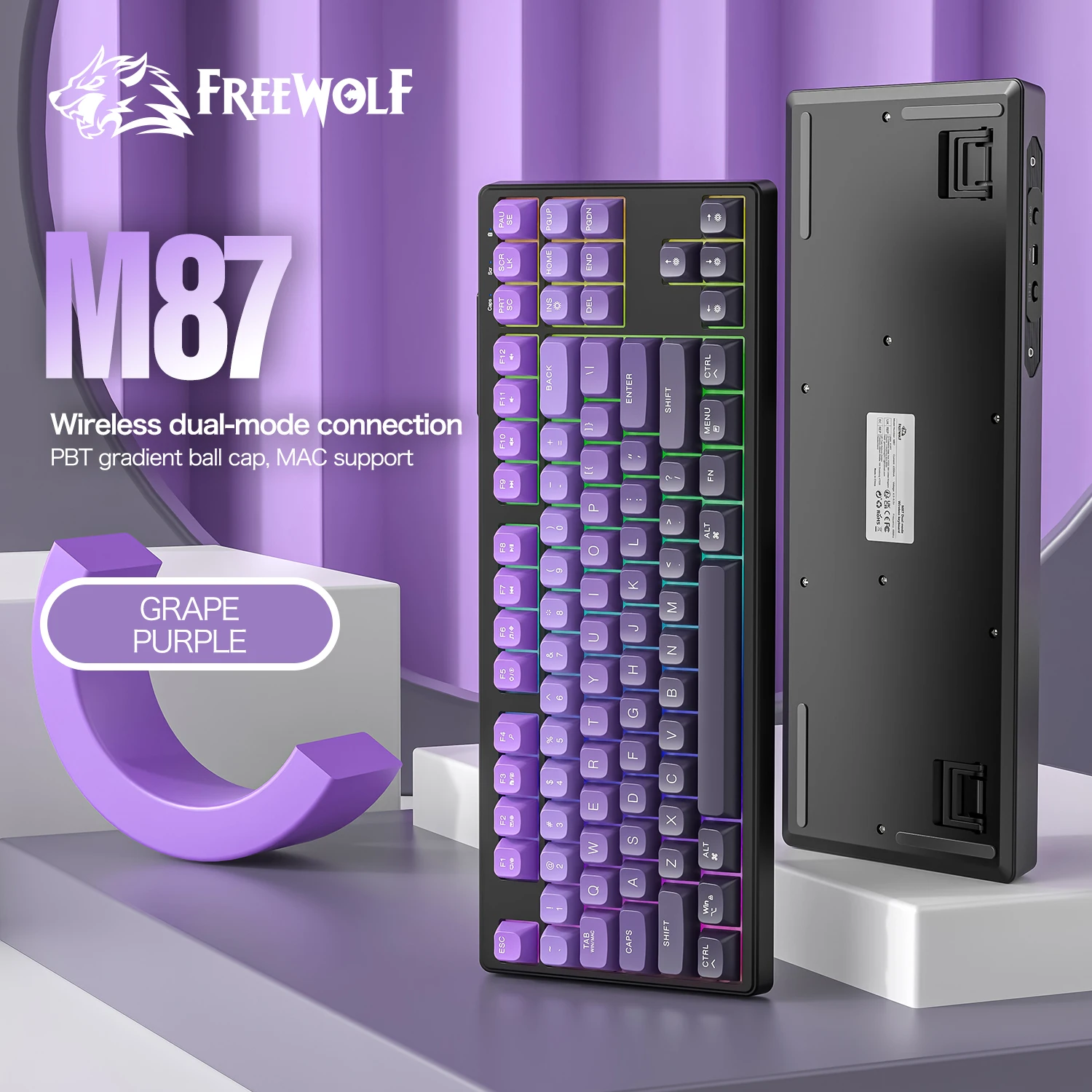 M87 Keyboard Wireless Dual-Mode with Gradient Colorway,FREEWOLF 87keys Bluetooth Keyboard with Rainbow-light RGB,PBT Ballcaps
