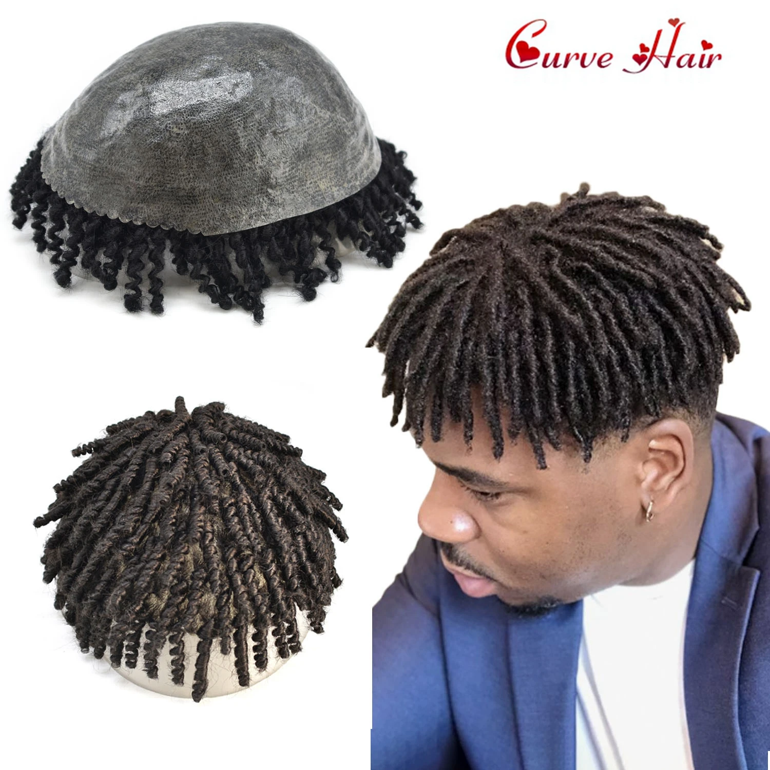 

Kinky Curly Men's Toupee for African Amercian 100% Remy Human Hair Injected PU Base Hairpiece Replacement Wig 10x8 inch Men Unit