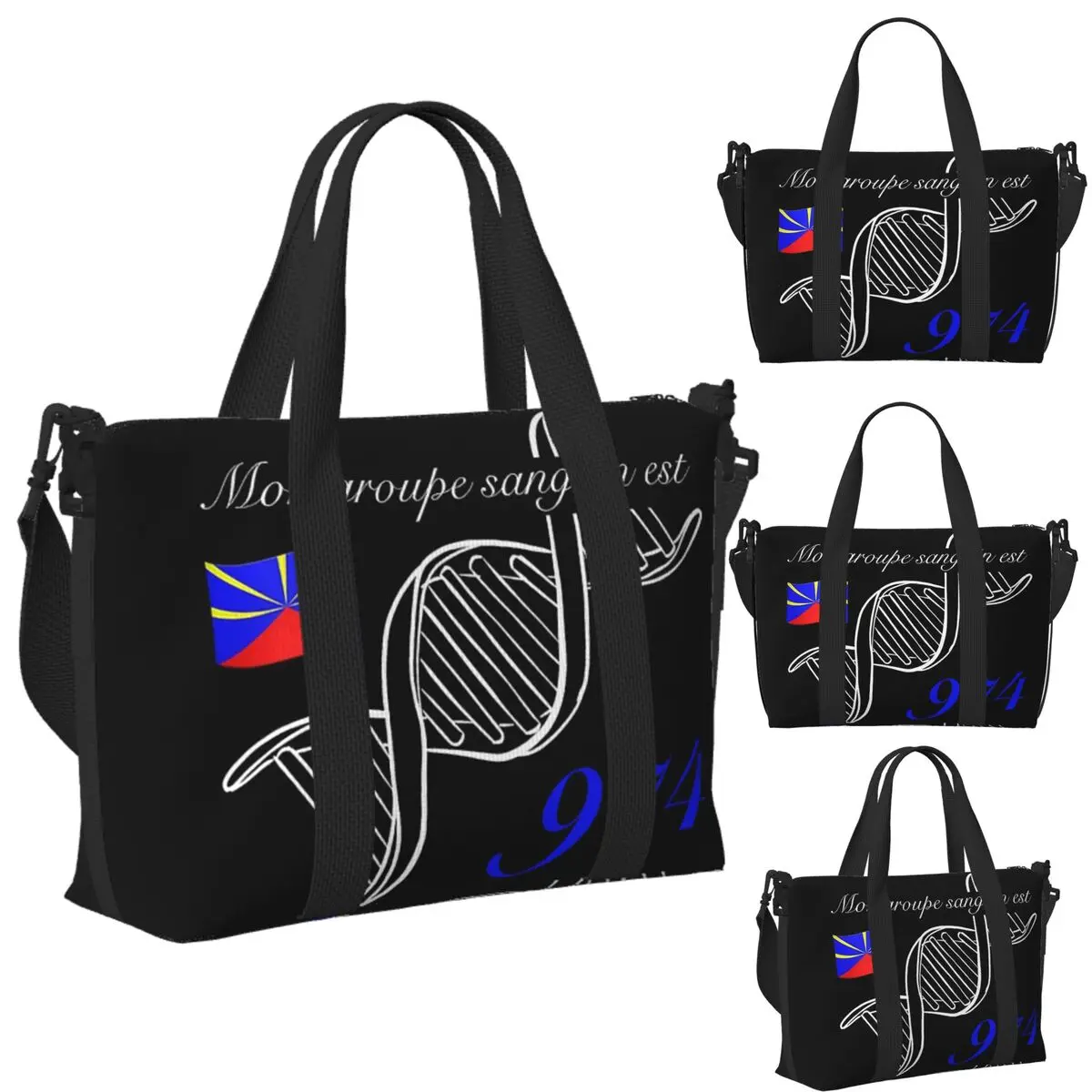 

Custom 974 Reunion Island Flag Beach Travel Bag Large Capacity Tote Bags for Gym Sport Women Shopping Duffle Shoulder Bag