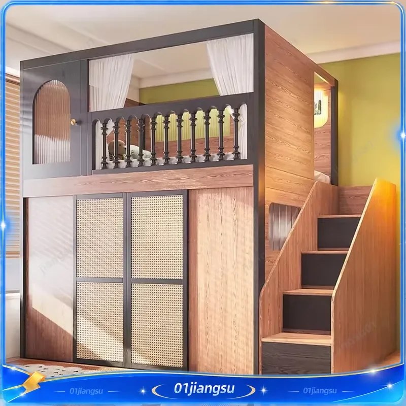 Solid Wood Kids Loft Bed with Built-in Wardrobe and Desk High Guardrail Tree House Bed Space Saving Furniture for Small