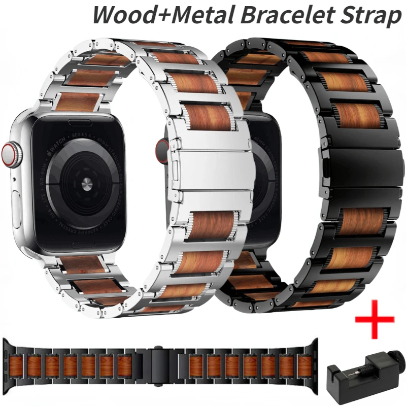 

Wood+Metal Bracelet Strap For Apple Watch Ultra 49mm 8 7 45mm 41mm 44mm 42mm 40mm 38mm Wristband For iWatch Series 6 5 4 SE Belt