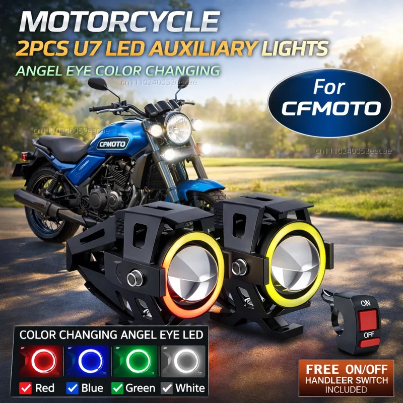 Waterproof Motorcycle LED Headlight 3000LMW U7 Motorbike LED Driving Fog Spot Light with Switch For Cfmoto Cf moto 450Mt 650Mt