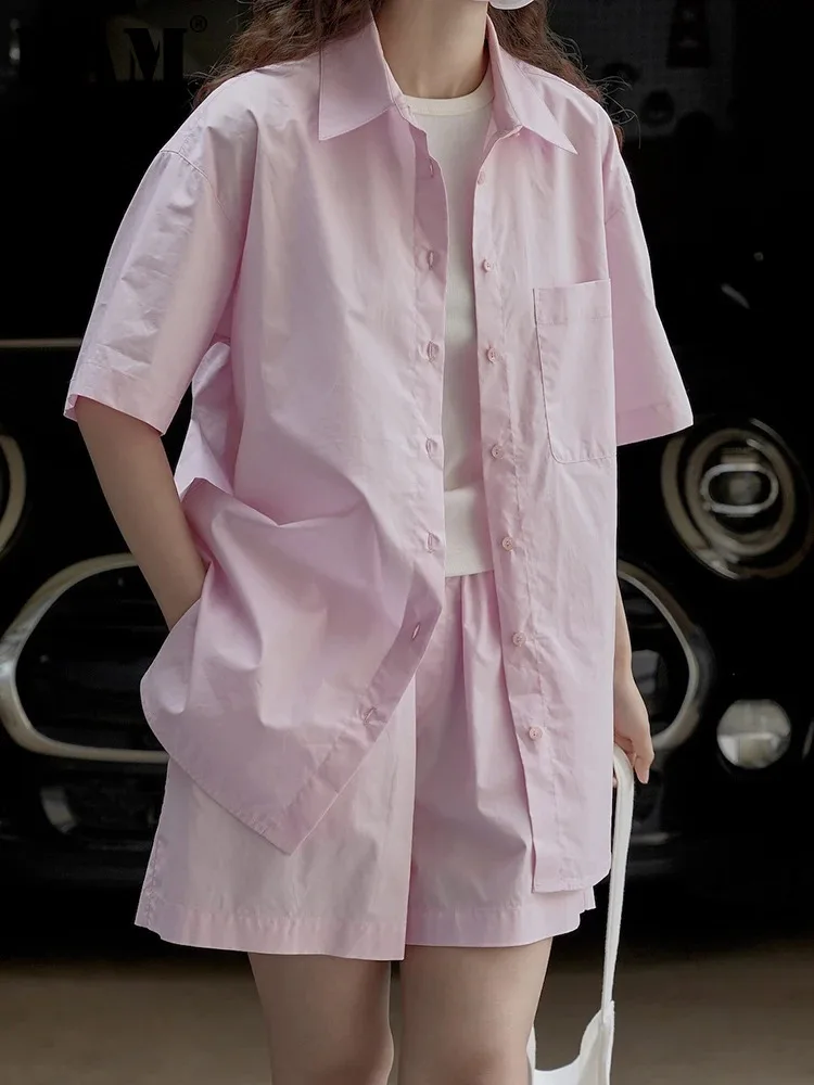 

[EAM] Women pink Color Pocket Big Size Casual Blouse New Lapel Short Sleeve Shirt Fashion Tide Spring Summer 2024 1DH6474