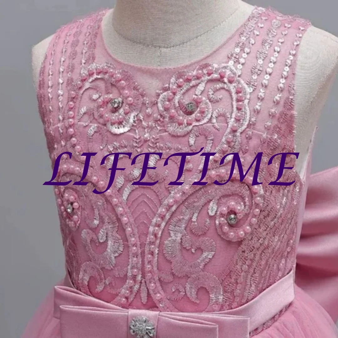 

Girls Sleeveless Lace Embroidered Ball Gown With Big Bow Accent Ideal For Flower Girl Duties Birthday Celebrations Pi Customized