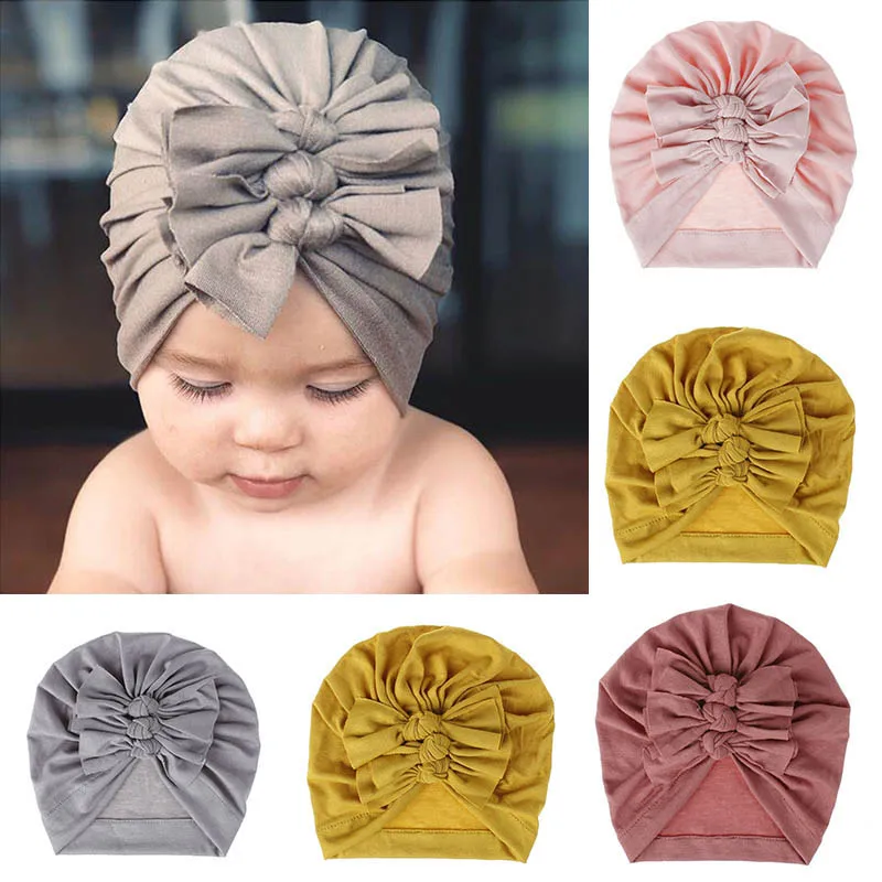 Solid Color Baby Turban Cap Knot Infant Indian Hat Soft Cott