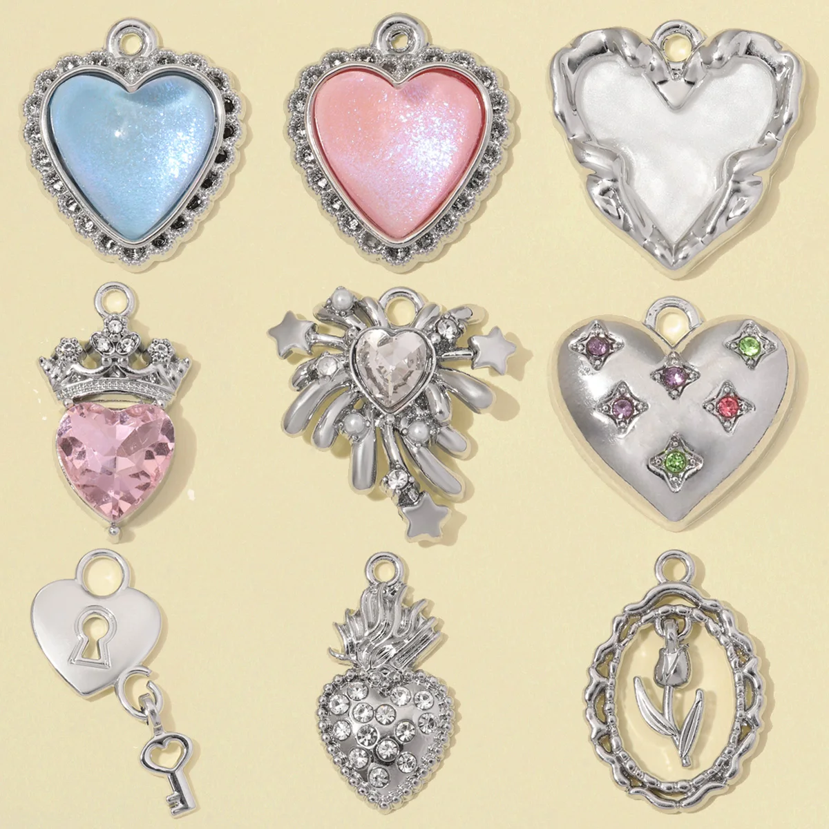 7pcs/lot High Polished Crown Love Heart Lock Key DIY Charms Vintage Oval Tulip Flower Zinc Alloy Necklace Pendant Women Jewelry