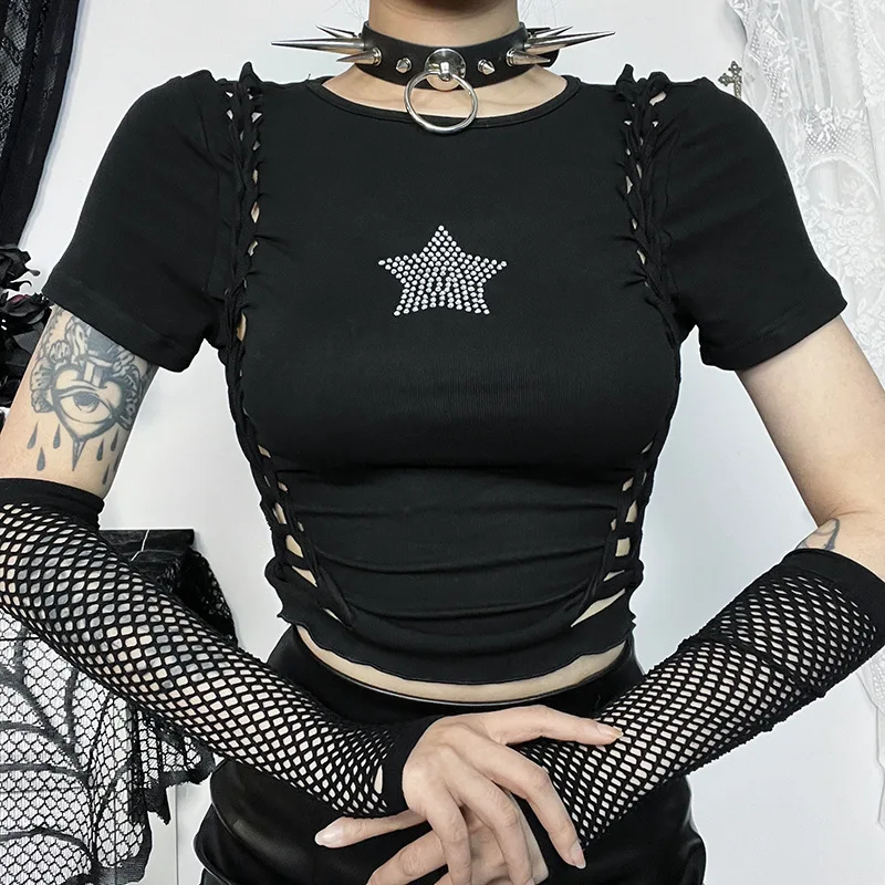 Goth Dark Casual Streetwear Rhinestone T-Shirts Mall Gothic Weaving Hollow Out Crop Tops Slim E-girl Basix Alt Tees with Gloves