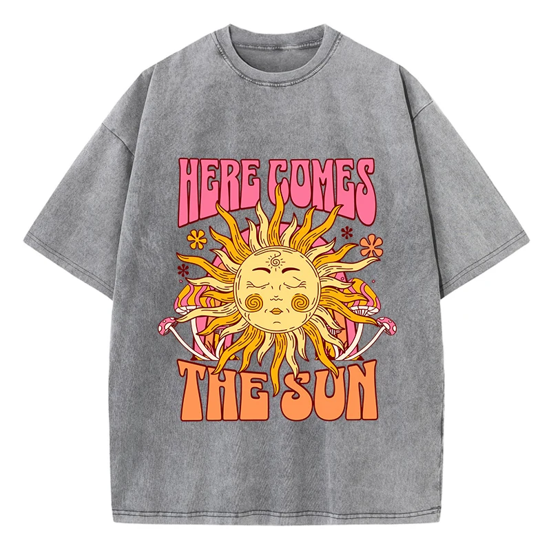 Casual Womens Acid Wash T-Shirts Here Comes The Sun Printing Tees Distressed Oversize Cotton Short Sleeve Trend Female Clothes