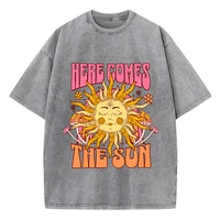 Camiseta lavada de gran tamaño para mujer, camisetas con estampado de algodón aquí viene el sol, camisetas informales de manga corta con cuello redondo, ropa holgada para mujer