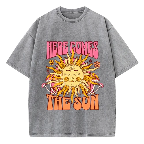 Camiseta lavada de gran tamaño para mujer, camisetas con estampado de algodón aquí viene el sol, camisetas informales de manga corta con cuello redondo, ropa holgada para mujer