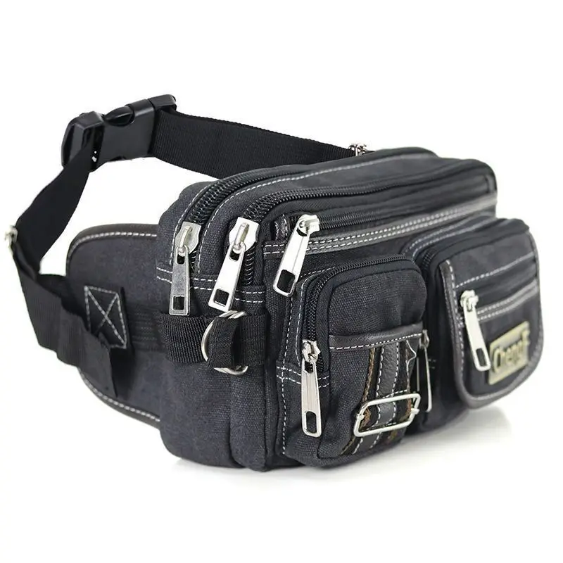Vintage Canvas Bauchtasche mit mehreren Reißverschlusstaschen, verstellbarem Riemen, lässige Outdoor-Reise- und Fahrradtasche für Herren, für den täglichen Gebrauch – Detail 9