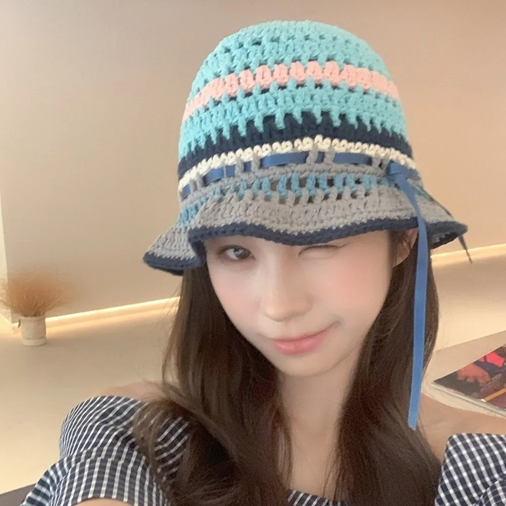 

Ins Handmade Knitted Bucket Hats Y2k Spring Summer Hollow Basin Cap Bow Ribbon Sweet Weave Hats Streetwear