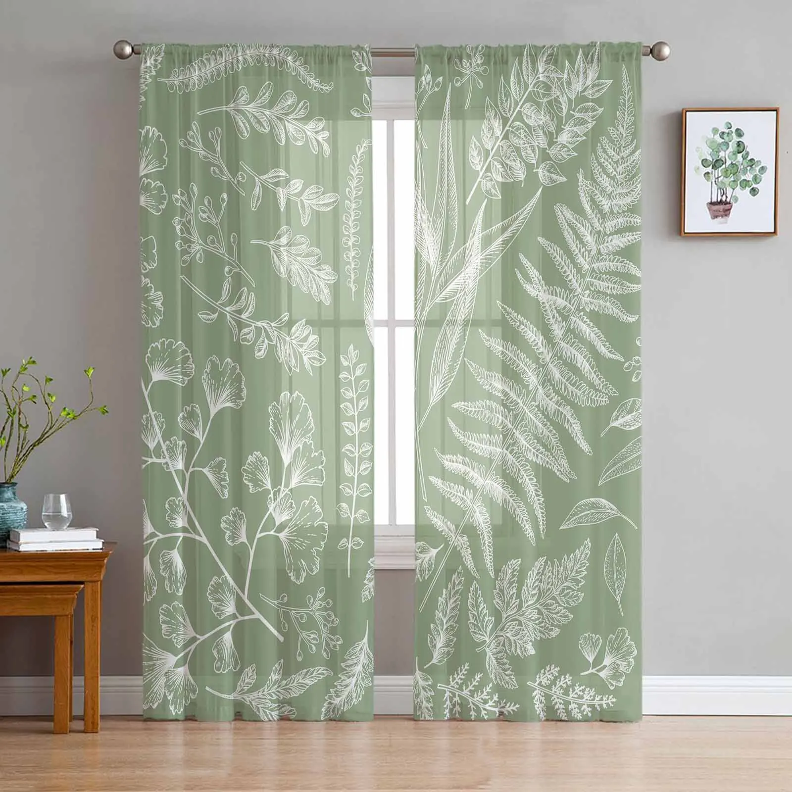 Sage Green Fern Plant Leaves Sheer Curtain Living Room Drapes Home Bedroom Voile Curtain Tulle Window Curtain