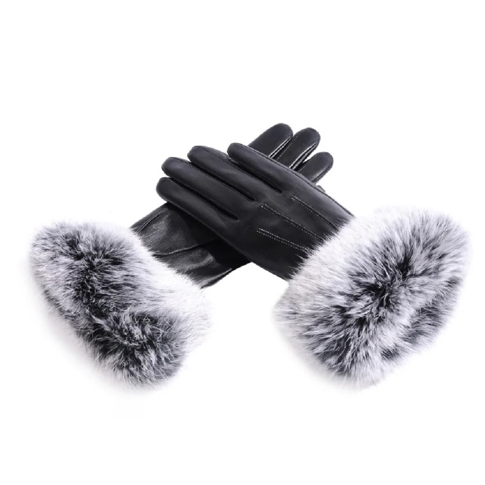 

CX-A-172 Women Winter Warm Fashion thick Lining Leather Gloves Rex Rabbit Fur Lined Genuine Leather Gloves