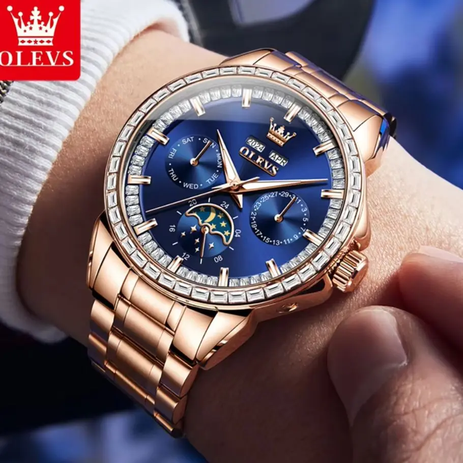 

OLEVS 6695 Mens Watch Automatic Mechanical Watch Multifunctional Week Date Moon Luxury Watch For Men 30m Waterproof Luminous Box