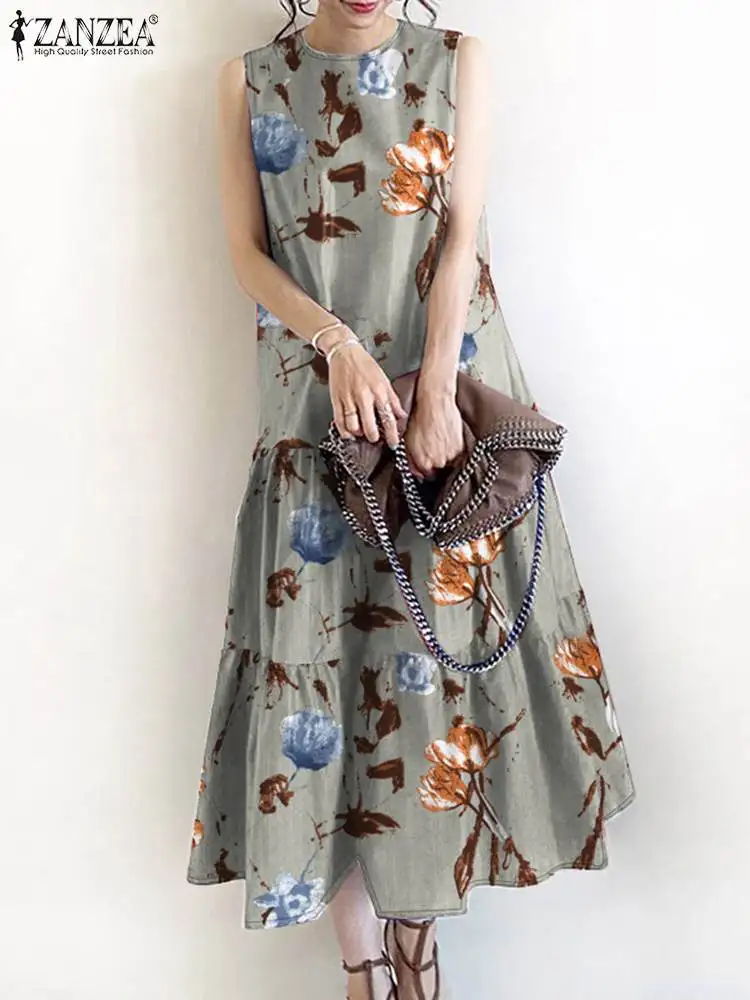 ZANZEA Loose Sleeveless Tiered Robes Casual O Neck Summer 2024 Elegant A-line Vestidos Vintage Women Floral Printed Midi Dress