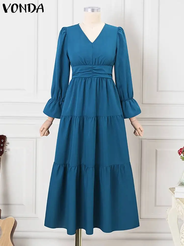 Plus Size 5XL VONDA 2024 Summer Women Long Dress V-Neck Ruffled Maxi Sundress Puff Sleeve Casual Solid Elegant Party Vestidos