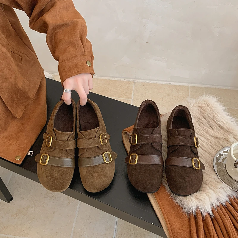 Women Flat Shoes Double Buckle Faux Suede Upper Round Toe Warm Plush Lining Slip On Casual Winter Footwear for Ladies Daily Wear