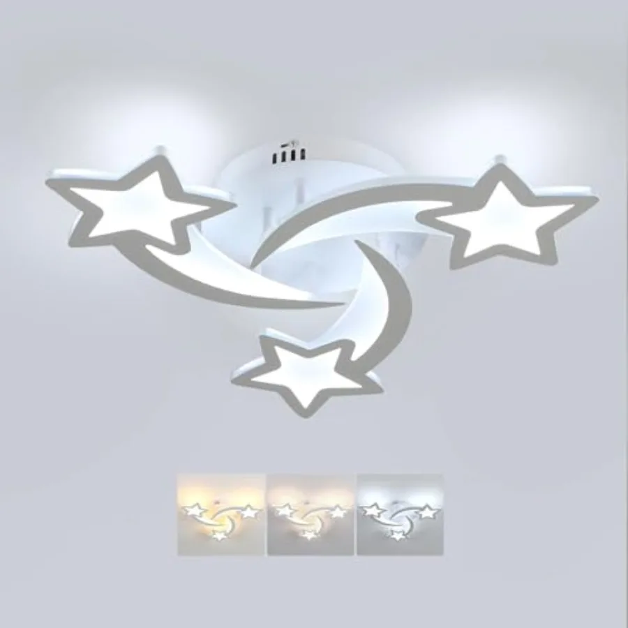 room Ceiling Light, 3 Light Mode 3000K/4500K/6000K White Acrylic Close to Ceiling Light Fixtures, Stars Cartoon Flush Mount Cei