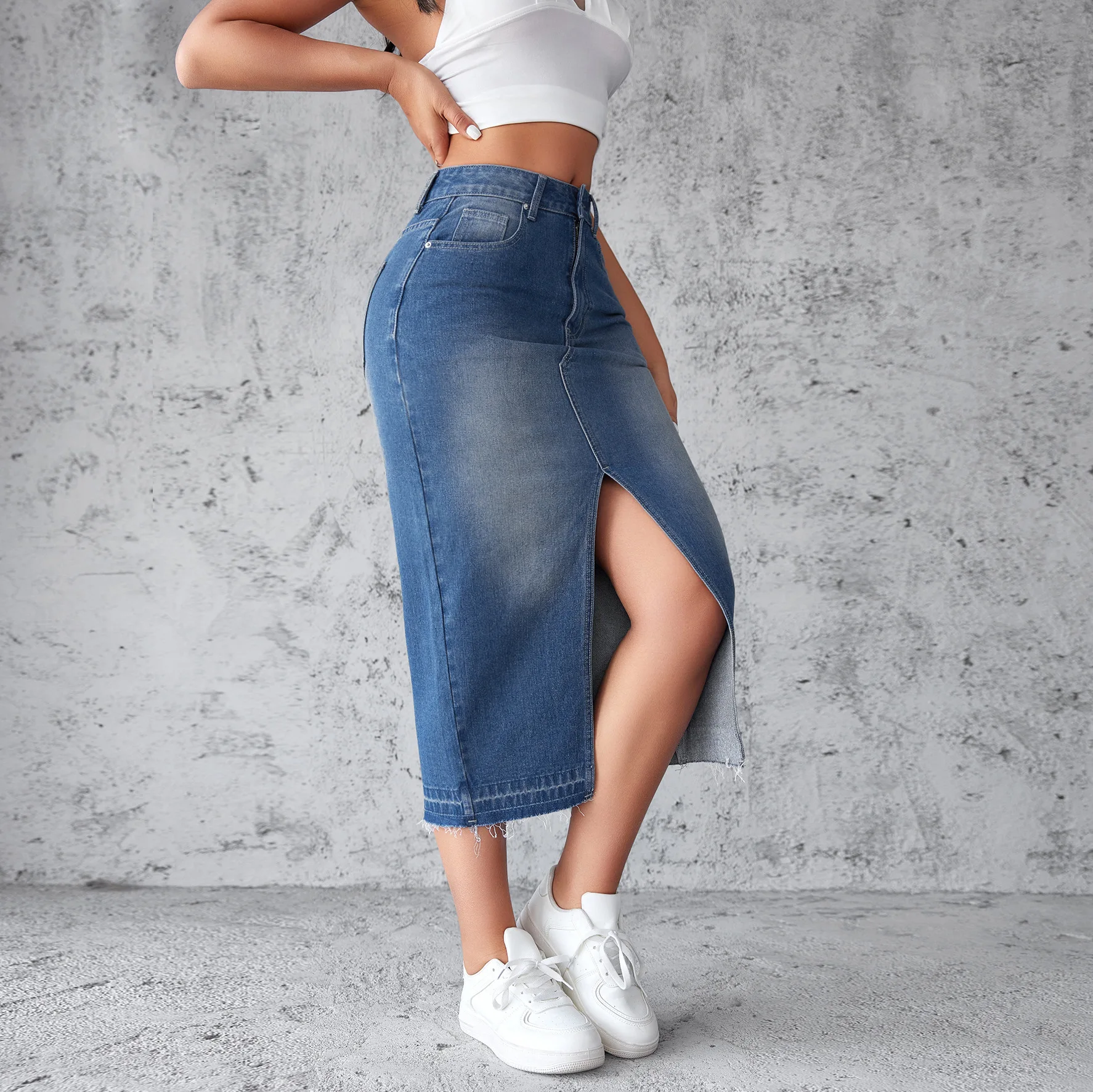 Europäisch-amerikanisches Modedesign: Lässiger Jeansrock mit Schlitz, Neuer A-Linien-Rock mit hoher Taille für Damen im Frühling und Sommer