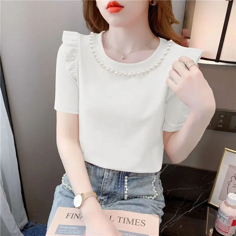 Summer Elegant Fashion Harajuku Slim Fit Female Clothes Loose Casual All Match Tshirts O Neck Patchwork Short Sleeve T-shirts