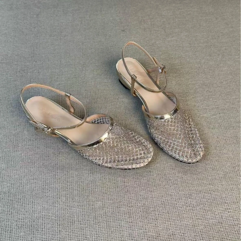 2026 New Model~ Fishnet Rhinestone Ballet Flat Mary Jane Women's Shoes with Hollowed-Out Strap
